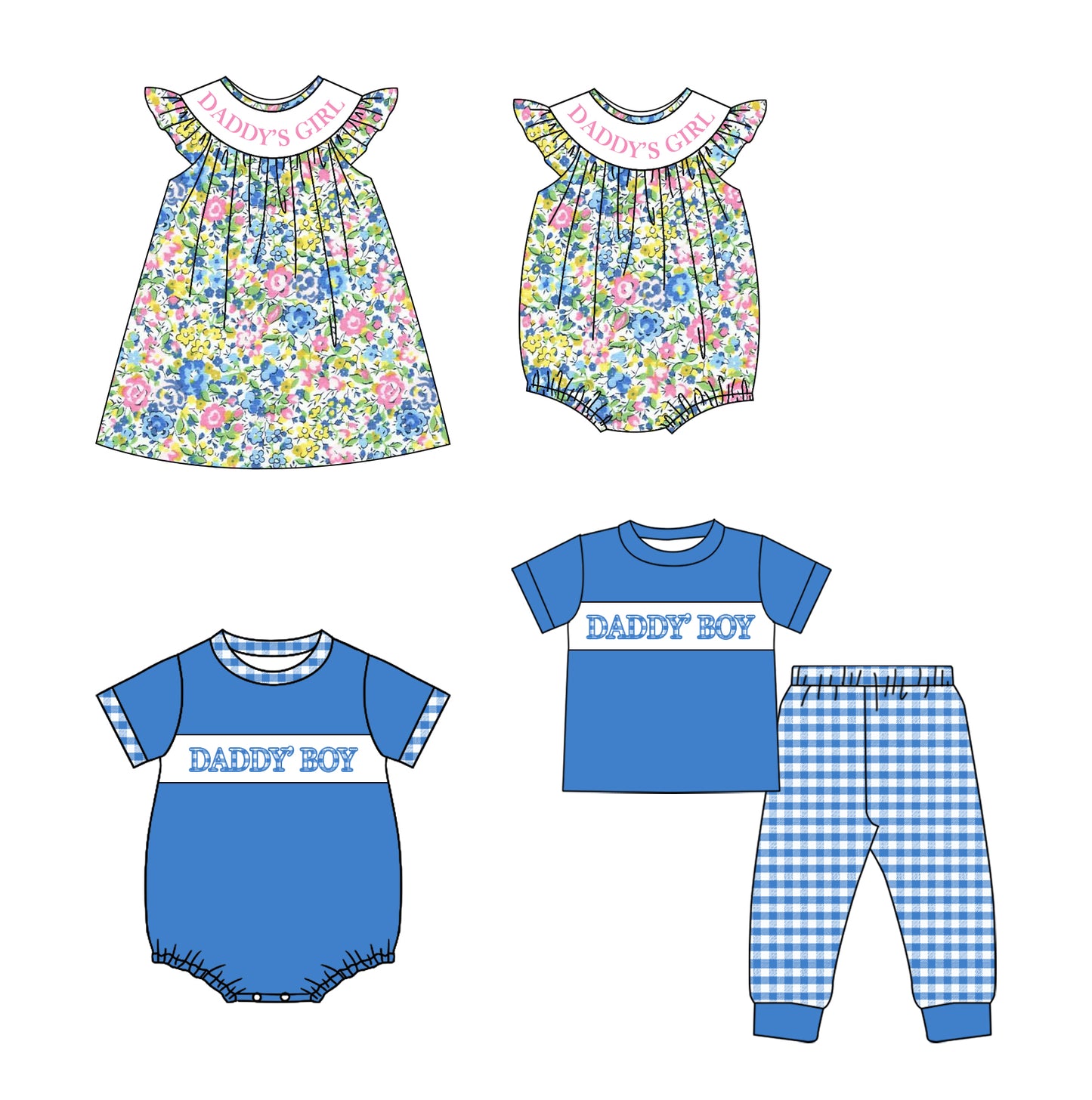 25.9.30 custom each style moq 8 eta 6-8week Sibling Sister DADDY GIRL BOY baby short sleeve pants sets and romper 2 and dress match design