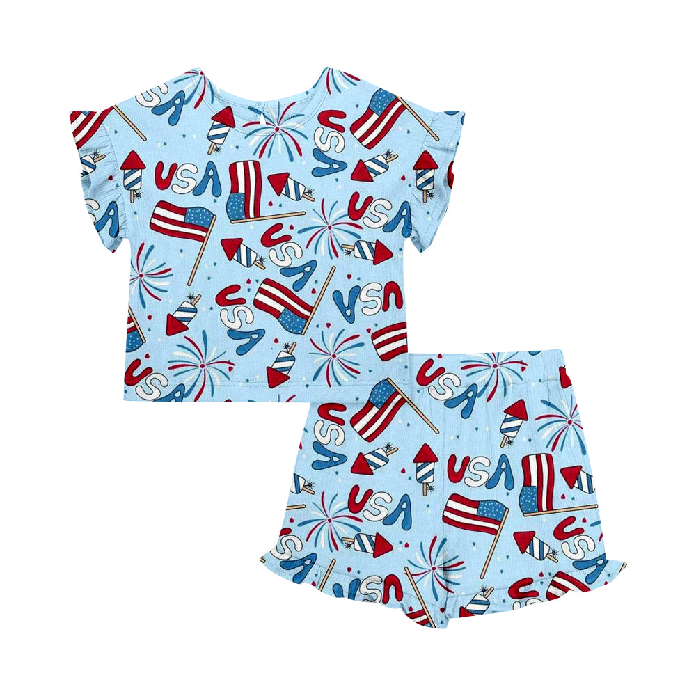 Custom moq 5 mix size Baby Girl's Blue Short-Sleeved Top And Shorts 4th of July Set Cute Outfit