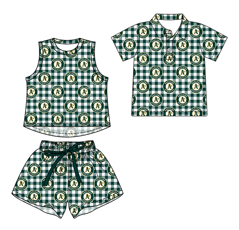 Custom moq 5 mix size milk silk summer teams Girls Sleeveless Green Checked Top And Short Sets Boys Short Sleeve Button Polo Shirt Top