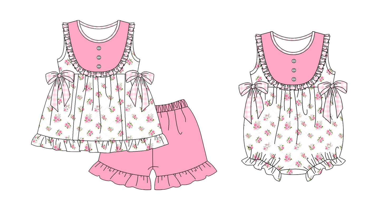 11.18 custom each style moq 5eta 4-6week Sibling Sister floral baby girl short sleeve shorts sets and rompers match design