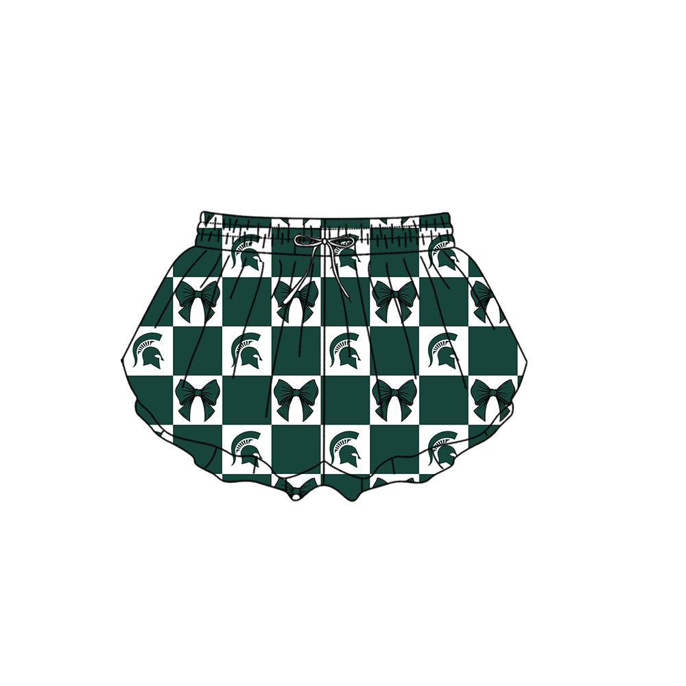 Custom moq 3 or 5 mix size milk silk summer teams baby girl clothes bow dark green summer shorts-26.1.21