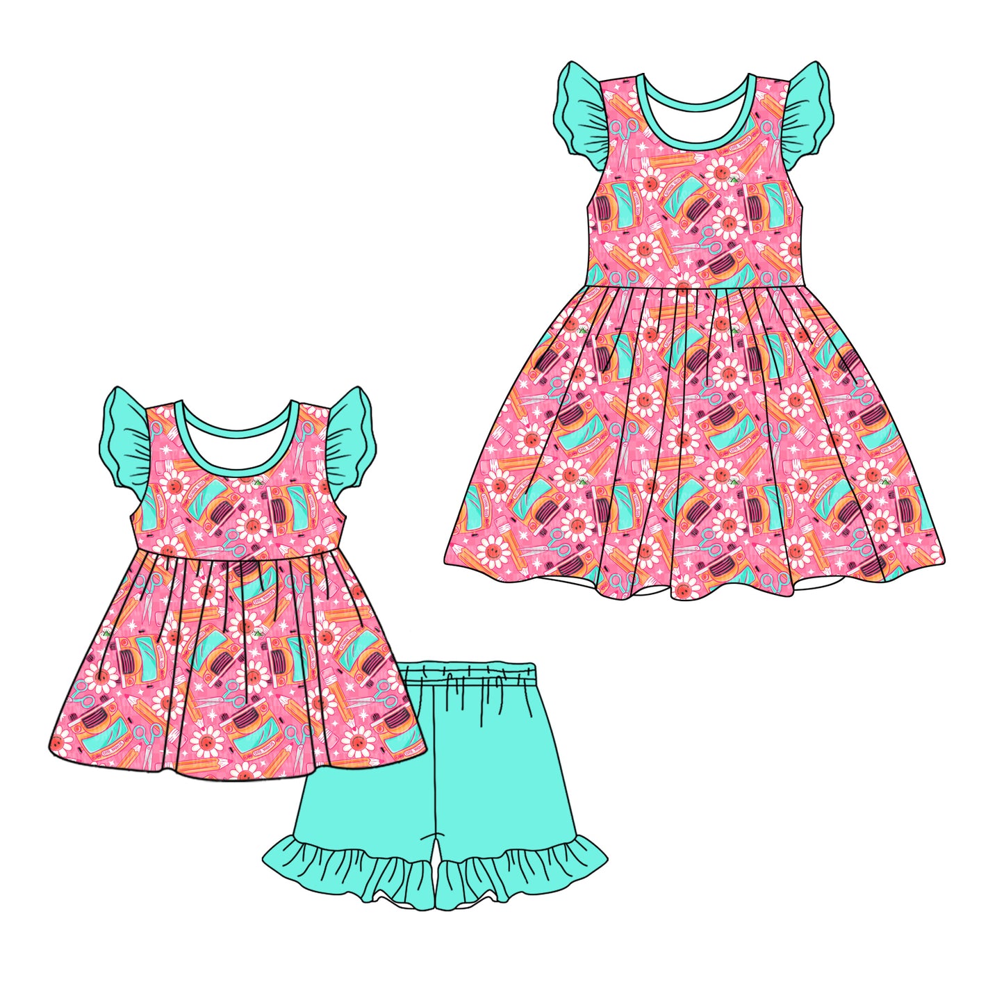 3.11 Custom moq 5 mix size Sibling Baby Girl's Pink Back To School Flutter Sleeve Top And Blue Shorts Set Matching Cute Dress for Summer