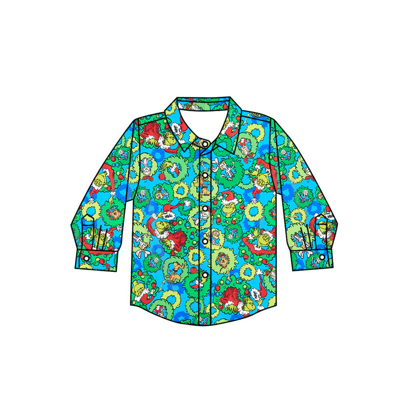 8.30 custom each style moq 5 eta 4-6week baby girls clothes Christmas green button long sleeve top