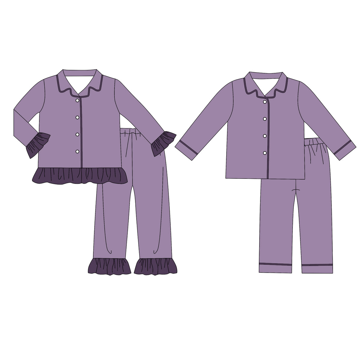 custom moq 5 mix size Baby Boys And Girls Dusty Purple Collared Button Down Long Sleeve Top Pant Pajama Set Dark Purple Ruffle Trim Sleepwear