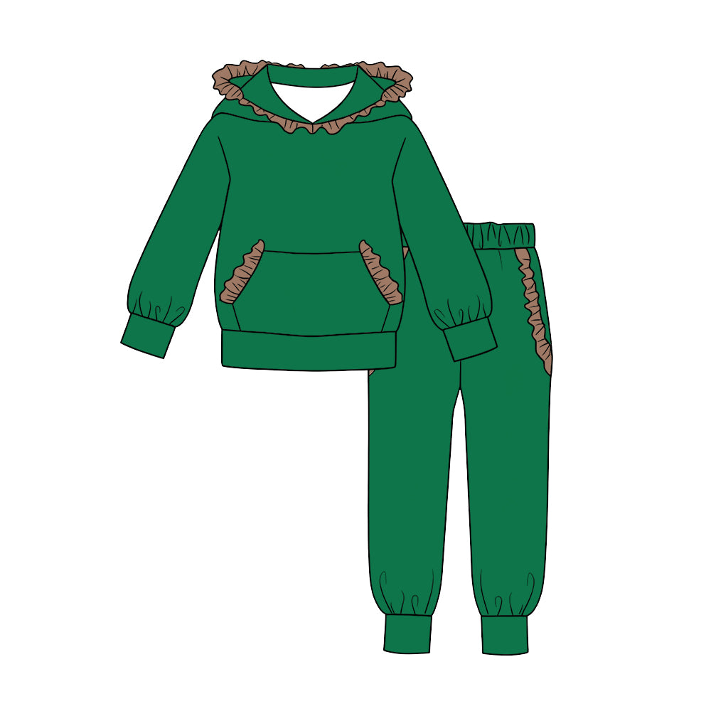 custom moq 5 mix size cotton fabric for girls hoodie sets Green and brown cotton long-sleeved top and trousers set blank offer custom logo