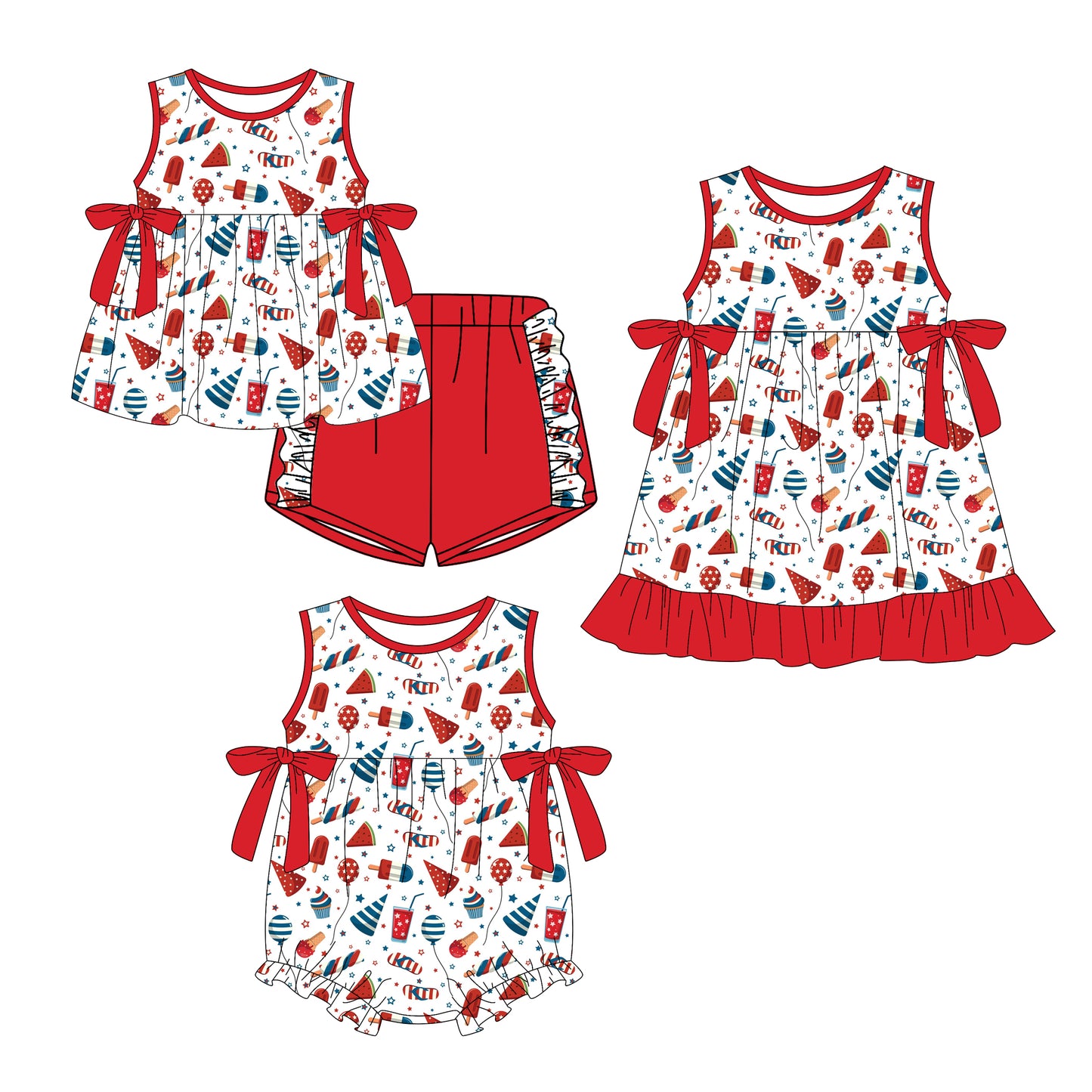 Custom moq 5 mix size Sibling Red Bow-Print Short-Sleeved Romper Dress 4th of July Baby Girl Outfit Cute Shorts Set Little Girl's Clothing