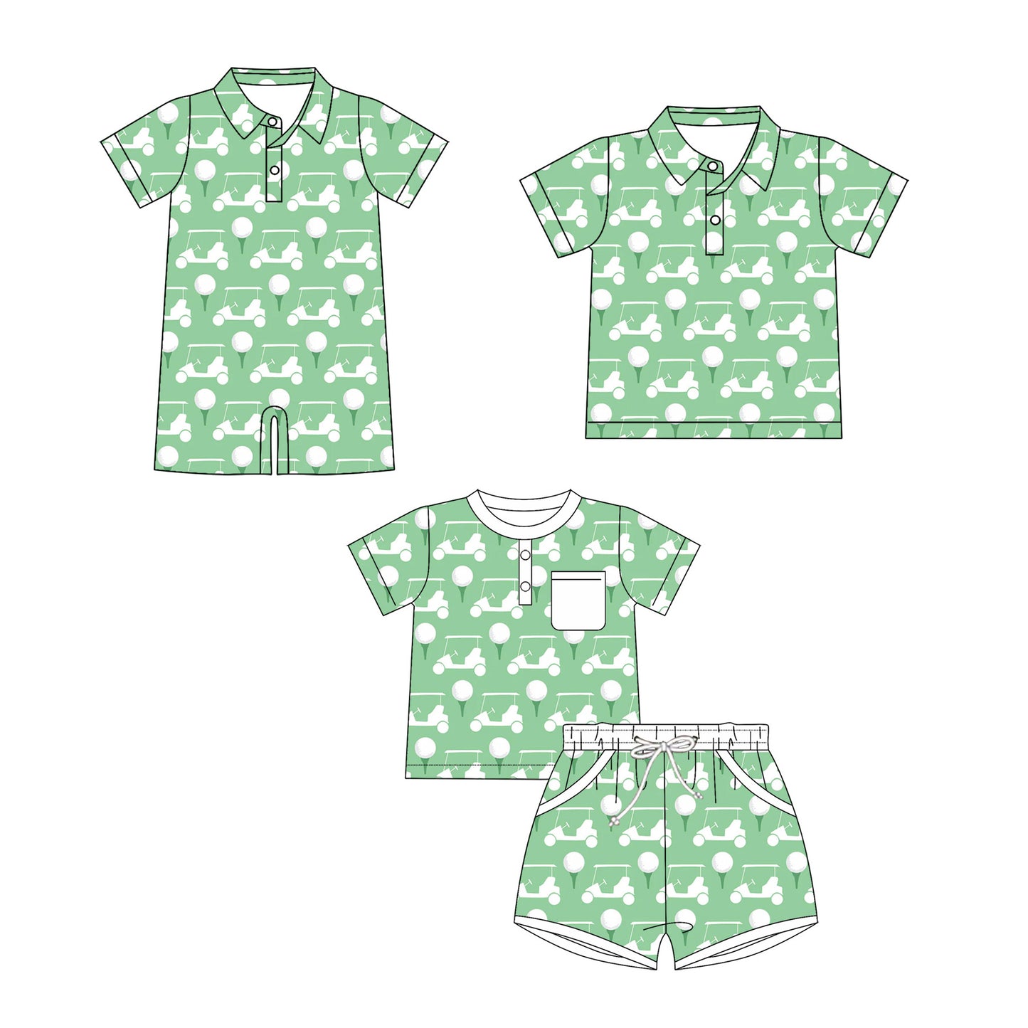 3.27 Custom moq 5 mix size Sibling Baby Boy Green Short-Sleeved Pajama Set Romper And Short-Sleeved Polo Shirt