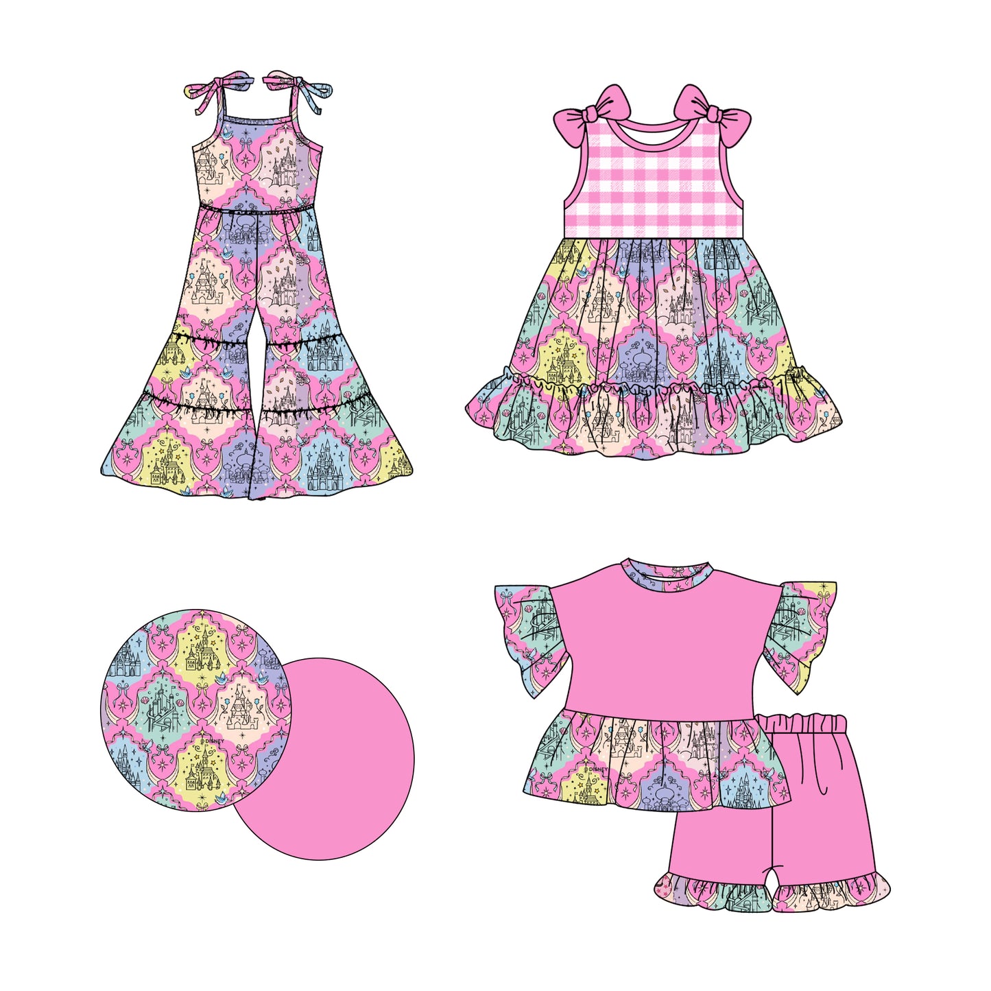 3.5 custom each style moq 5eta 4-6week Sibling Sister castle baby girl sets and dress and jumpsuit match family design