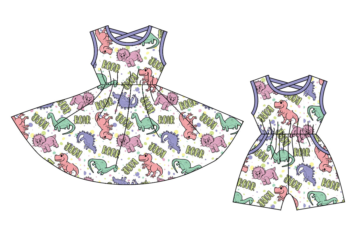 12.25 custom each style moq 5eta 4-6week Sibling Sister dinosaur baby girl short sleeve shorts dress and jumpsuit match design