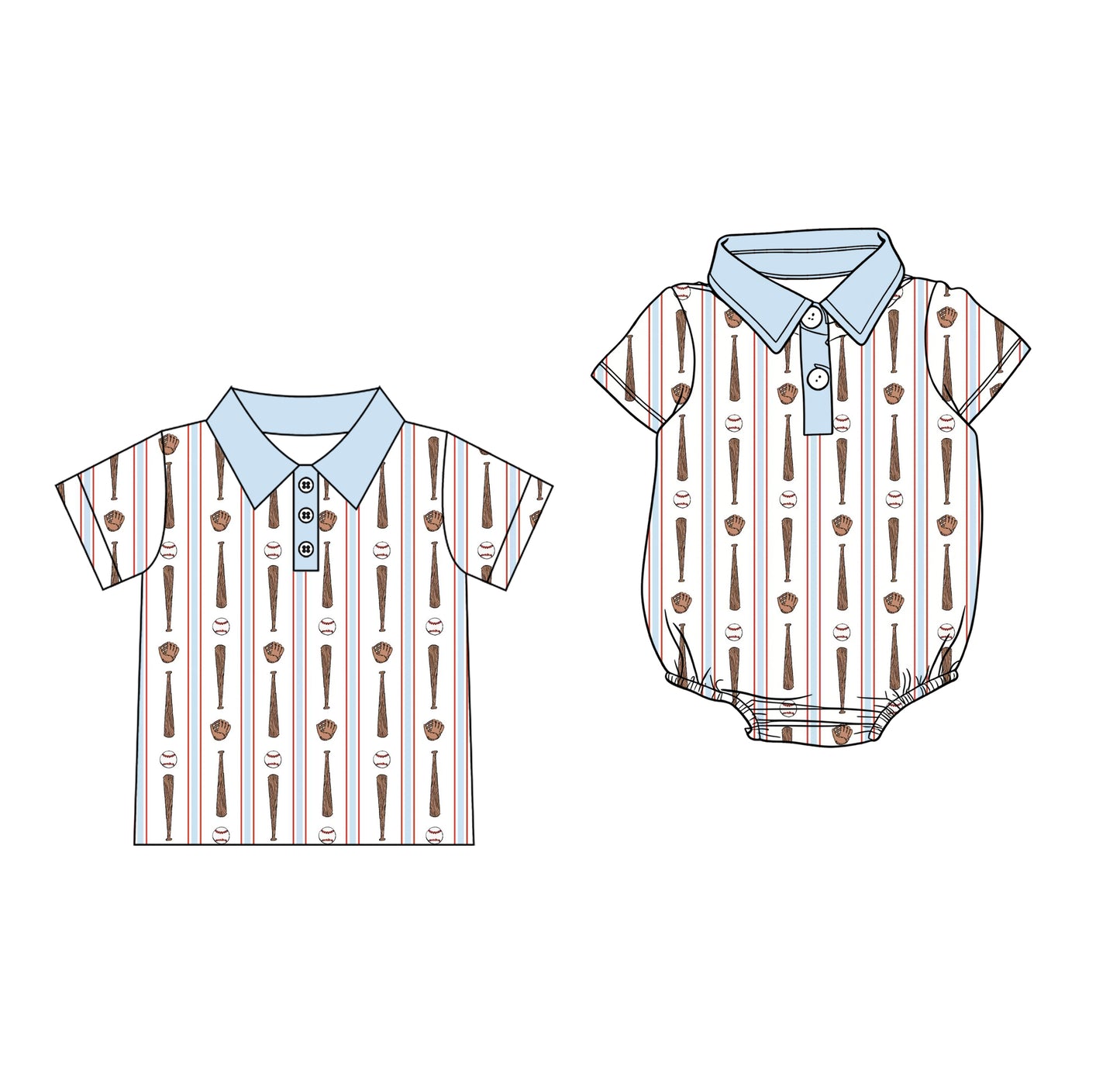 Custom moq 5 mix size Sibling Baby Boys Short-Sleeved Polo Shirt Striped Baseball Print Romper Outfit