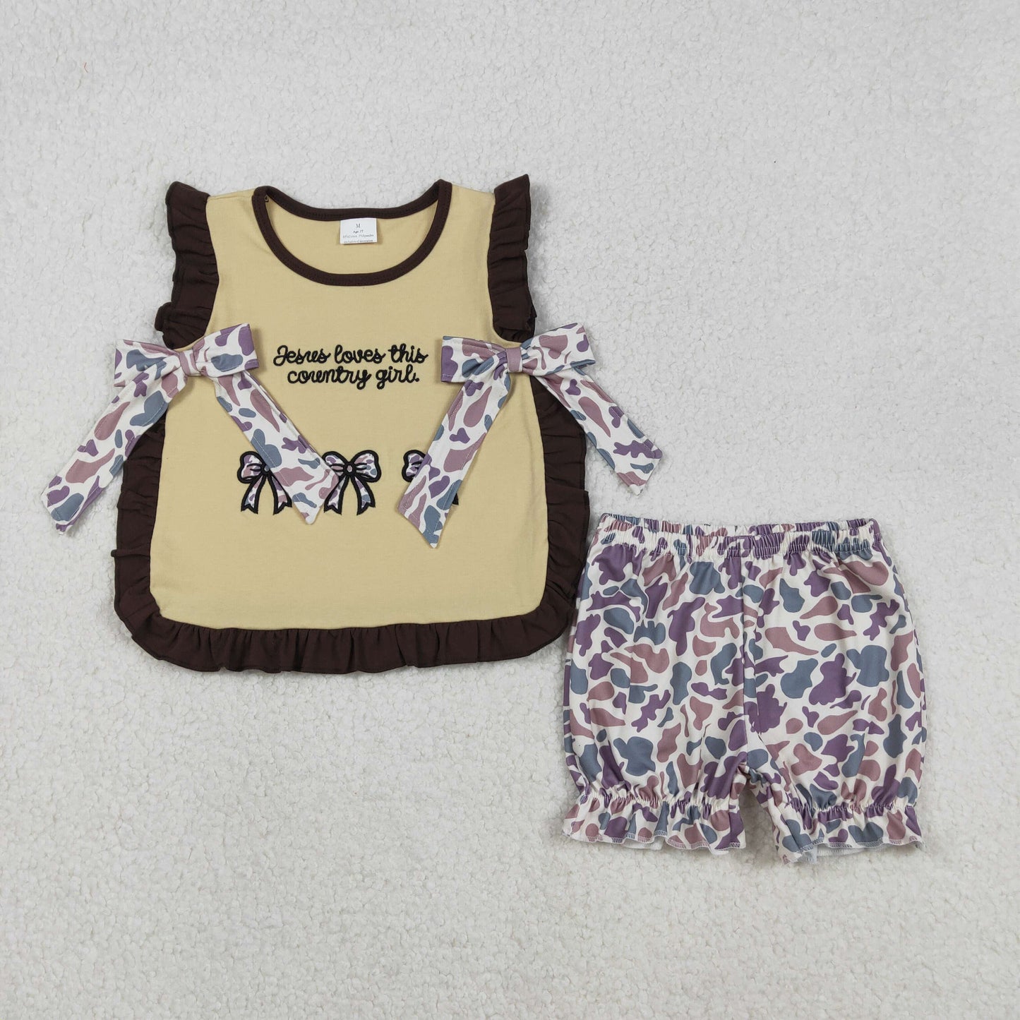 3/6m-6/7t RTS NO MOQ(In Stock) GSSO2730 Embroidered Jesus Loves This Country Girl Letter Camouflage Bow Pattern Brown Lace Sleeveless Shorts Set