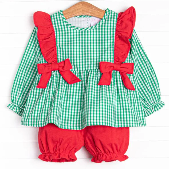 Deadline October 2 custom no moq eta 6-8weeks Red Bow-Flying Sleeve Decoration-Green Small Plaid Long Sleeve Top-Red Bloomers Set