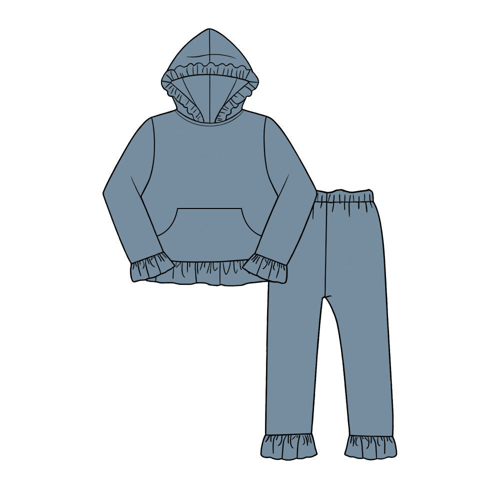 custom moq 5 mix size KYMN0101 Baby Ruffle Trim Hoodie Sweatshirt And Ruffle Cuff Leggings Set Fall Casual Kids Long Sleeve Outfit With Front Pocket
