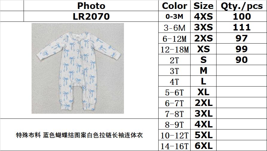 RTS NO MOQ ETA 5/7days arrived LR2070 Special fabric Blue bow pattern White zipper long-sleeved jumpsuit
