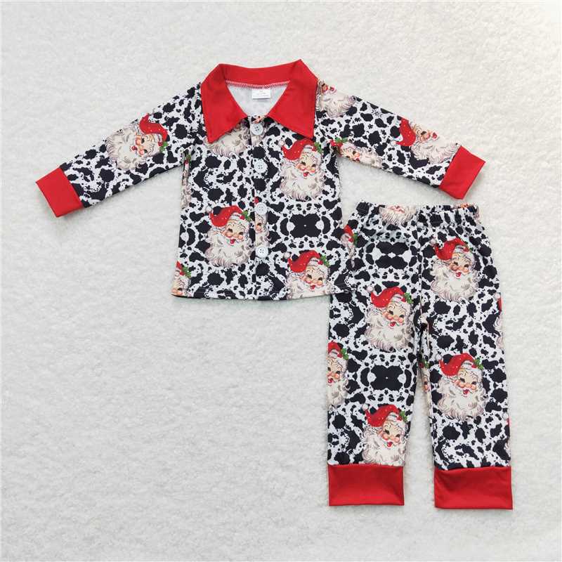 Kids Cow Print Santa Christmas Collection - Girl Ruffle Button PJ Set & Boy Cuff Button PJ Set