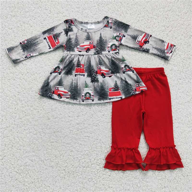 RTS 6 A19-11 Christmas Tree & Car Gray Long-Sleeved Red Pants Suit