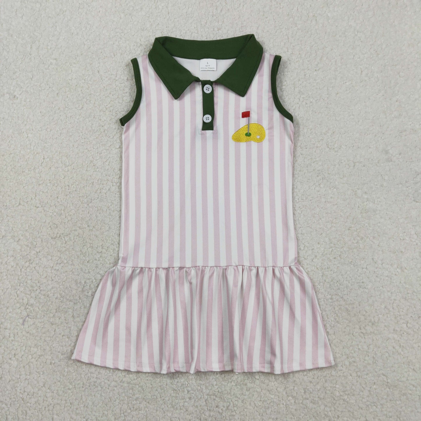 RTS NO MOQ(In Stock ) GSD3142 Embroidered Golf Course Red Flag Pink Vertical Striped Button-Down Neckline Sleeveless Dress