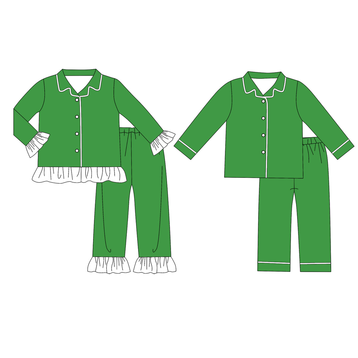 custom moq 5 mix size Baby Boys And Girls Green Collared Button Down Long Sleeve Top Pant Pajama Set White Ruffle Trim Sleepwear