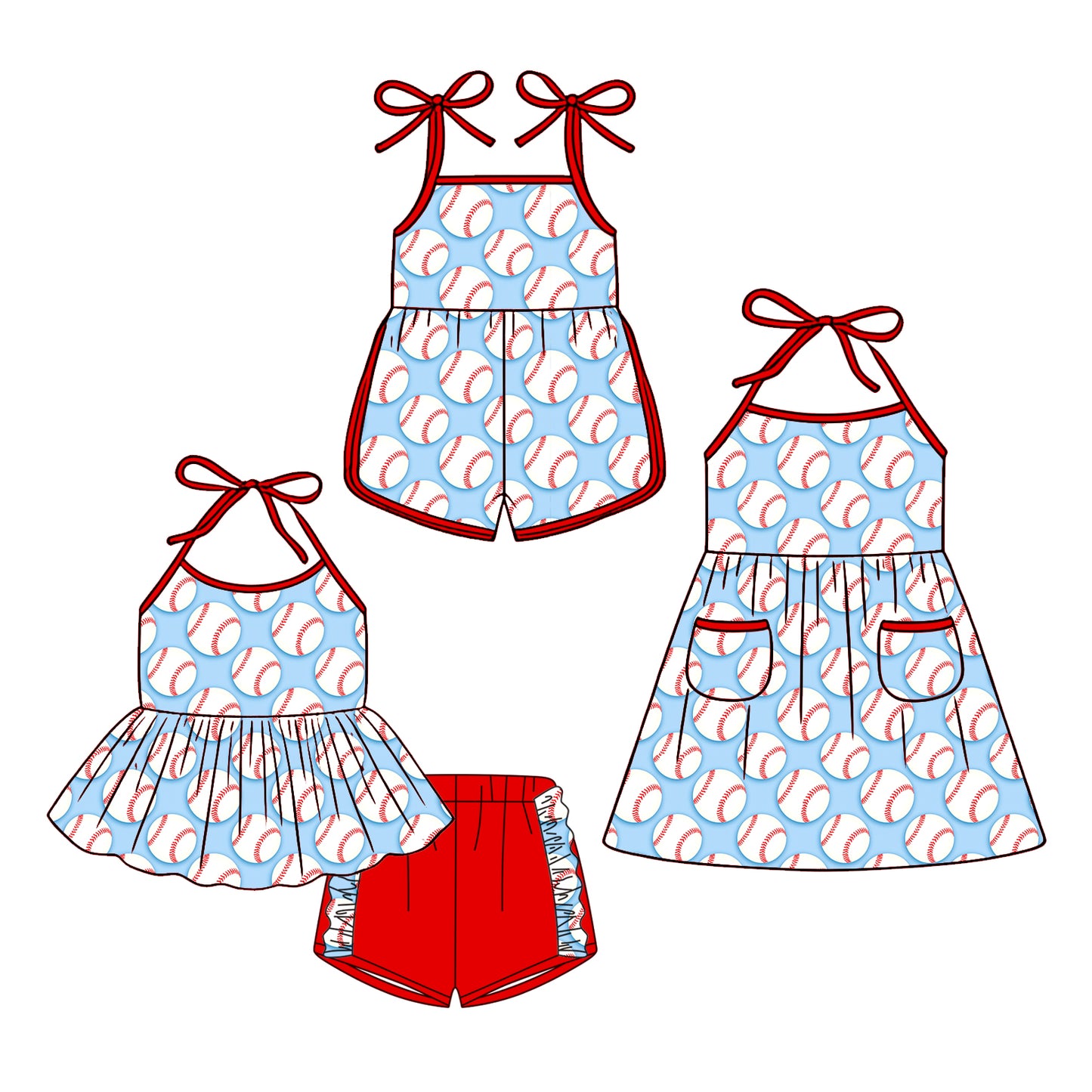3.24 Custom moq 5 mix size Sibling Baby Girl's Strap Top And Red Short Set Cute Romper Dress Summer Outfit