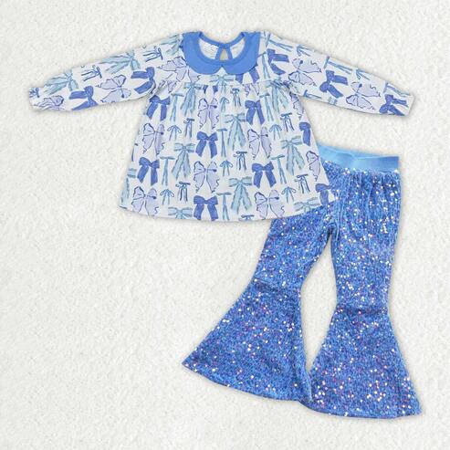 RTS NO MOQ Sibling Baby Girls Plaid Tunic with Bow Sequin Bell Bottom Pants Outfit Set