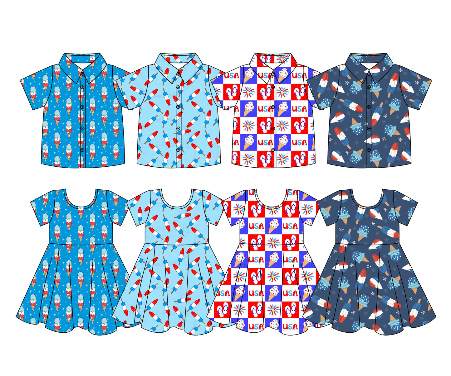 Custom moq 5 mix size Sibling Short-Sleeved Polo Shirts for Baby Boys Comfortable 4th of July Clothing for Boys Girls Short-Sleeved Dresses for Baby Girls