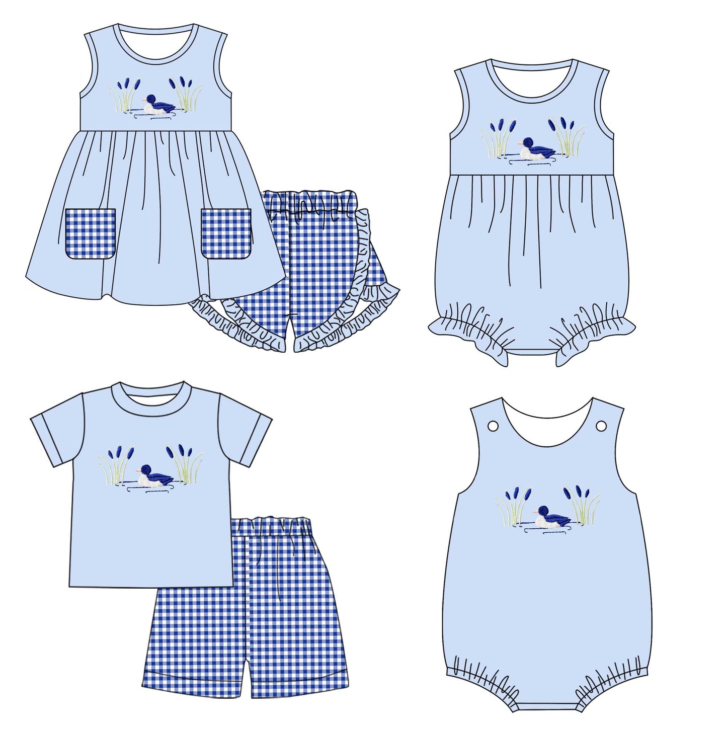 11.2 custom each style moq 5eta 4-6week Sibling Sister duck baby girl short sleeve shorts sets and briefs sets 2 and girls romper and boy romper match design