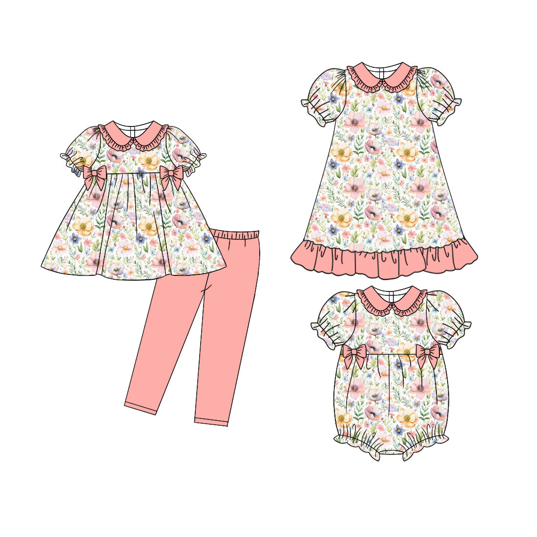 25.11.5 custom each style moq 5 eta 6-8week Sibling Sisters floral baby girl short sleeve pants sets and dress and rompers match family design
