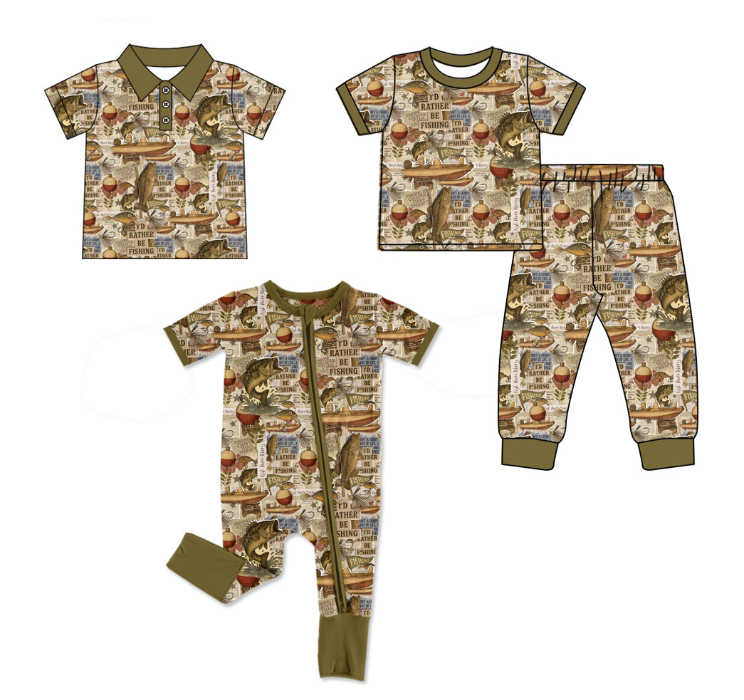 Custom moq 5 mix size Sibling Baby Boys fishing Print Short-Sleeved Polo Shirt And Pants Romper Set Cute And Fashionable Outfit for Little Ones