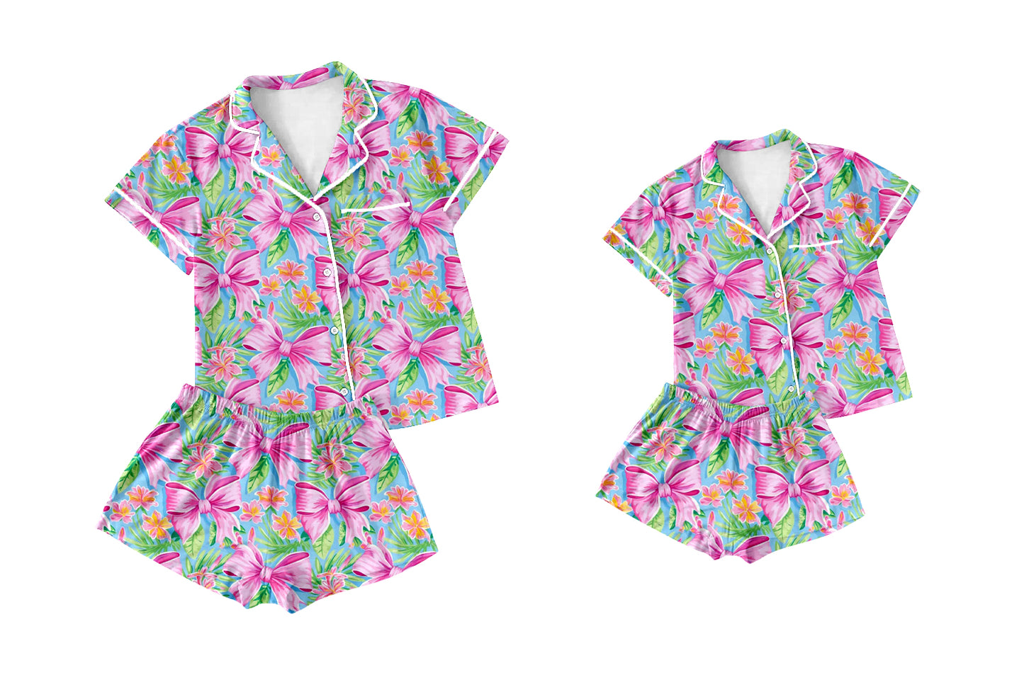 12.18 custom each style moq 5eta 4-6week Sibling Sister bow floral short sleeve shorts sets and adult sets match design