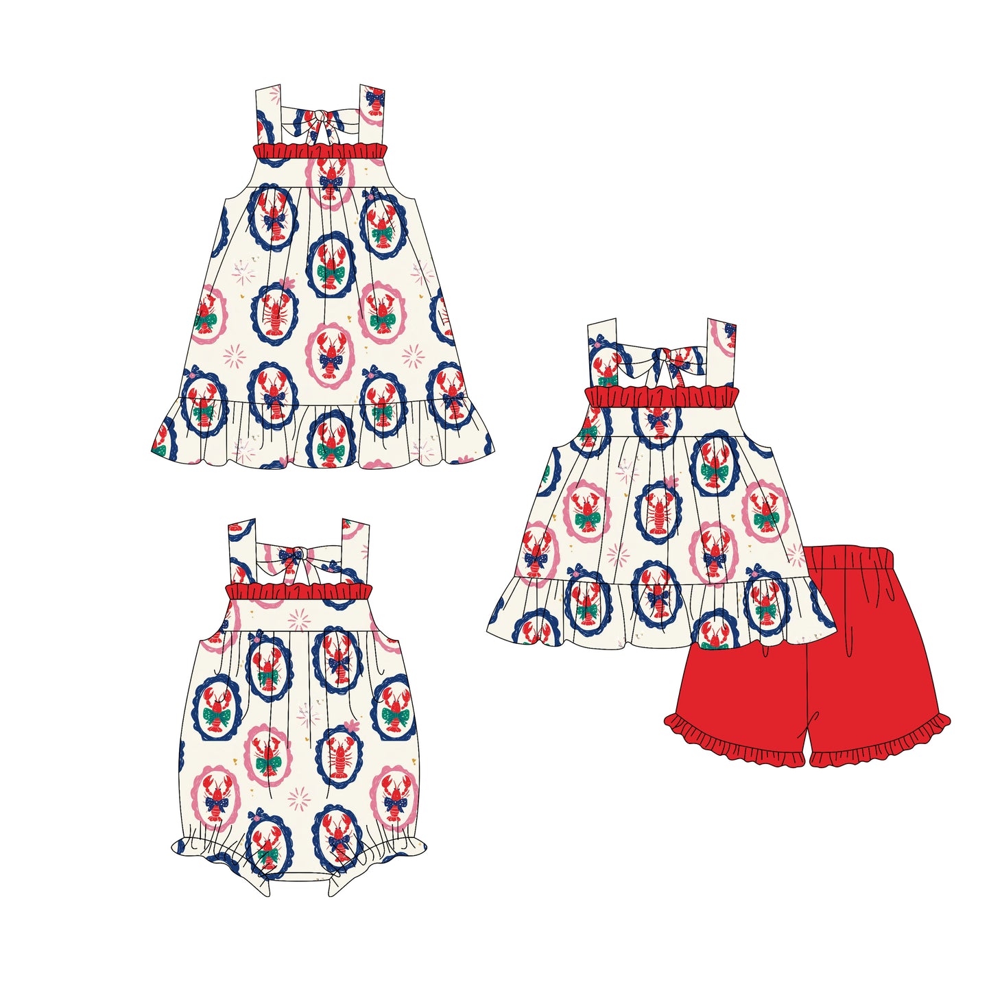 2.27 Custom moq 5 mix size Sibling Baby Girl's Sleeveless Top And Red Shorts Set Cute Romper Dress for Summer