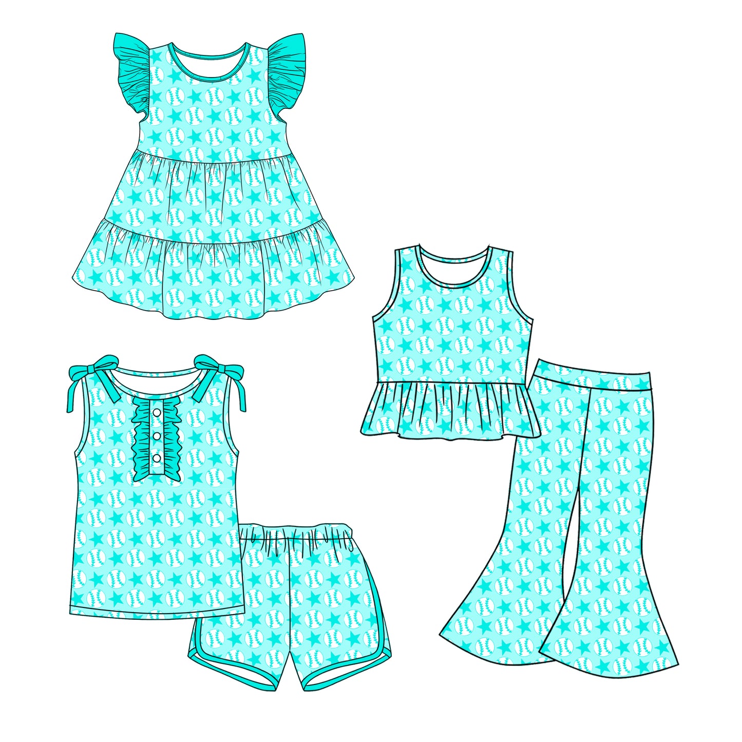 Custom moq 5 mix size Sibling Baby Girl Blue-green Flutter-Sleeved Dress Sleeveless Top Shorts Set Or Trousers Set Casual Comfortable Outfit for Little Ones