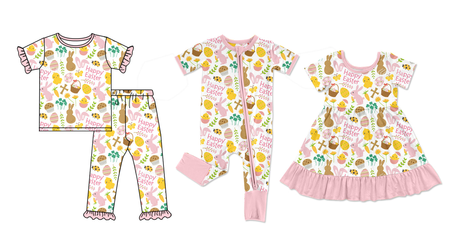 25.9.22 custom each style moq 8 eta 6-8week Sibling Sisters bunny baby girl short sleeve pants sets and dress and rompers match family design
