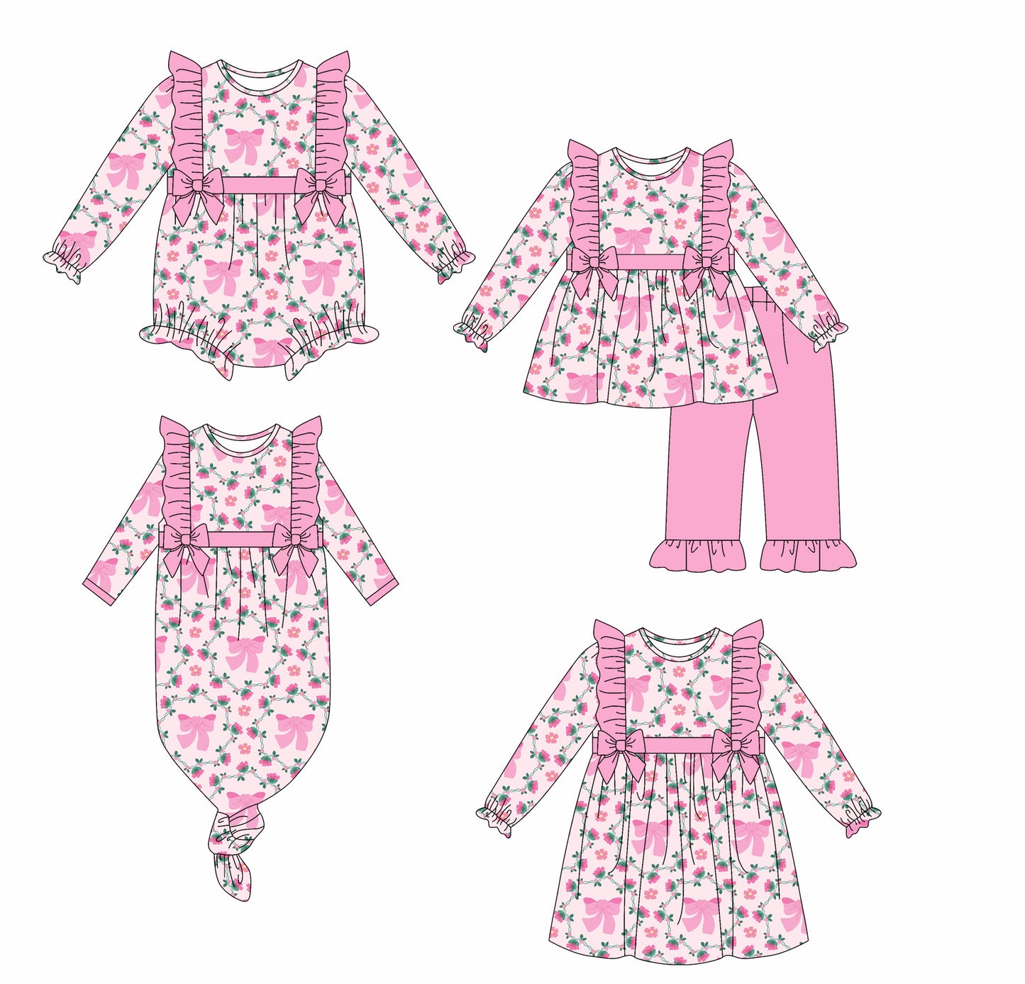 25.6.14 custom each style moq 5eta 4-6week Sibling Sisters bow pink baby girl long sleeve pants sets and dress and rompers and nightgown match family design