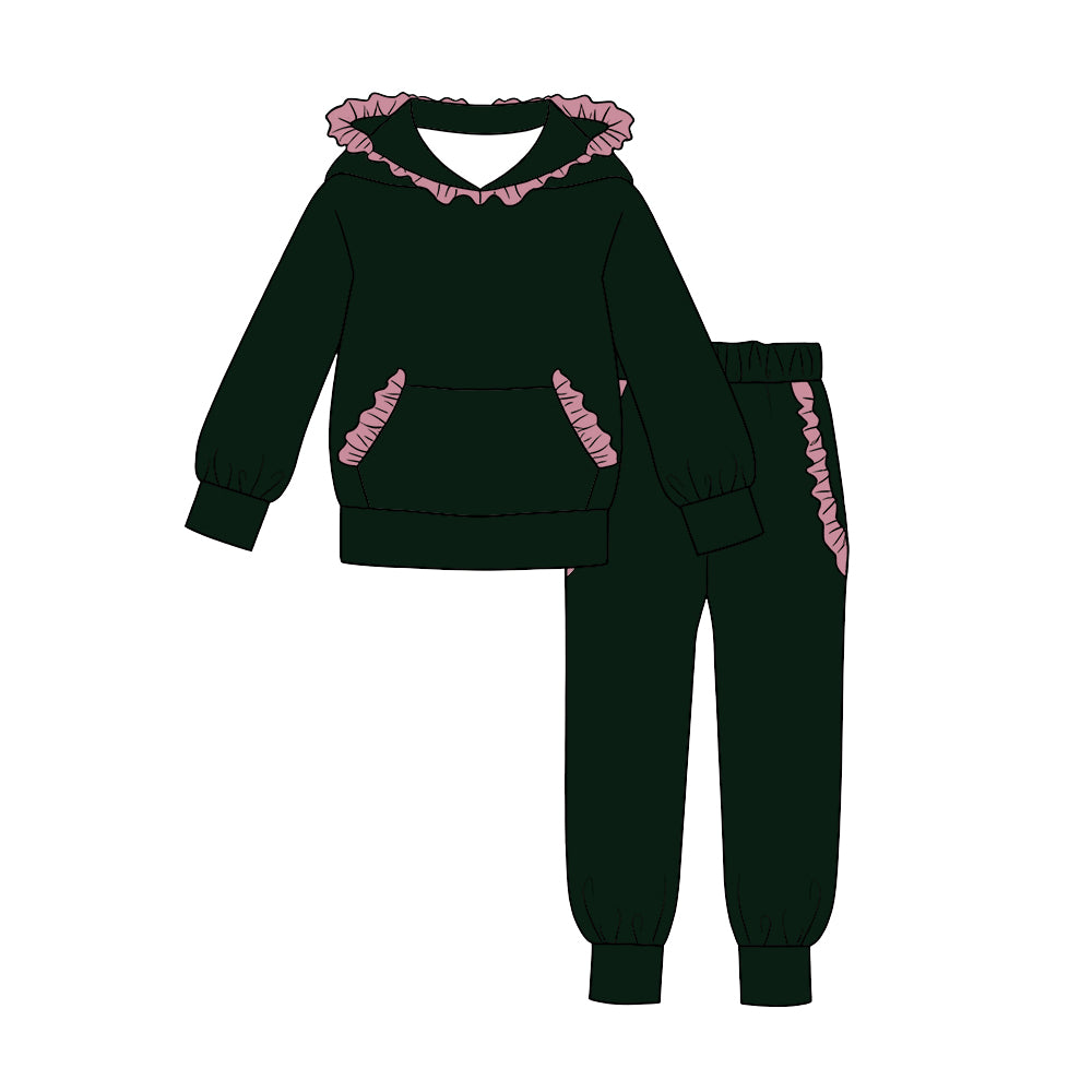custom moq 5 mix size cotton fabric for girls hoodie sets Black and pink cotton long-sleeve top and trousers set blank offer custom logo