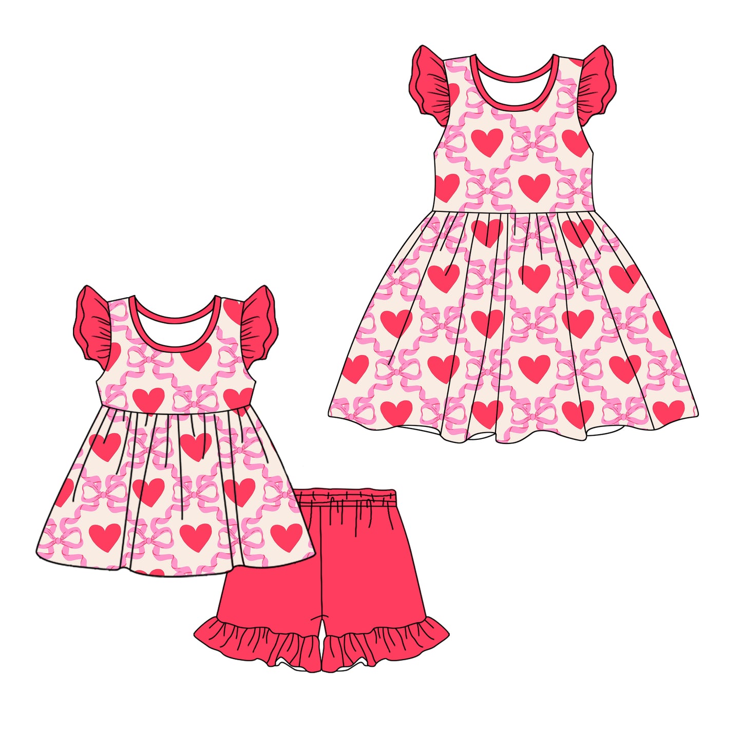 12.10 custom each style moq 5eta 4-6week Sibling Sister love bow baby girl short sleeve shorts sets and dresses match design