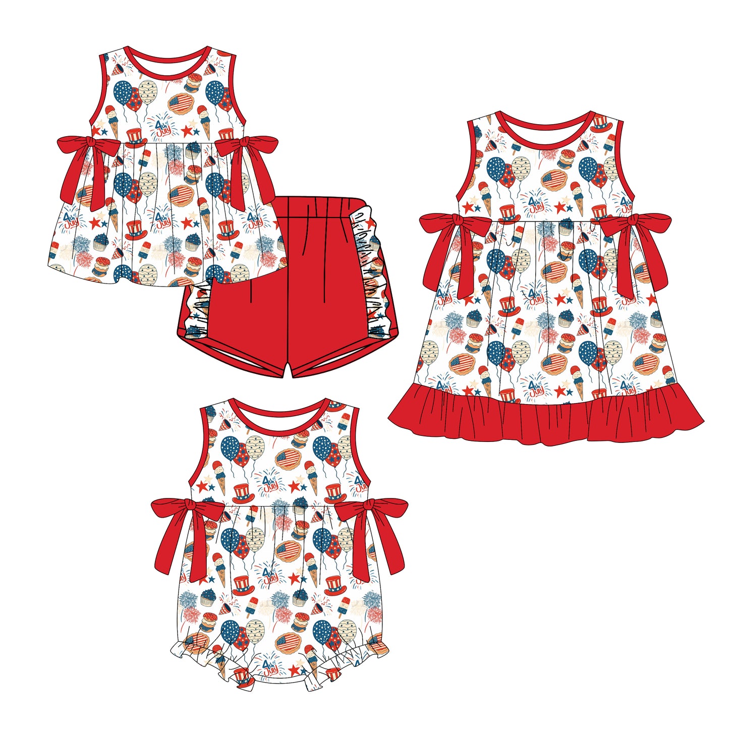 Custom moq 5 mix size Sibling Red Bow-Print Short-Sleeved Romper Dress Baby Girl Outfit Cute Shorts Set 4th of July Little Girl's Clothing