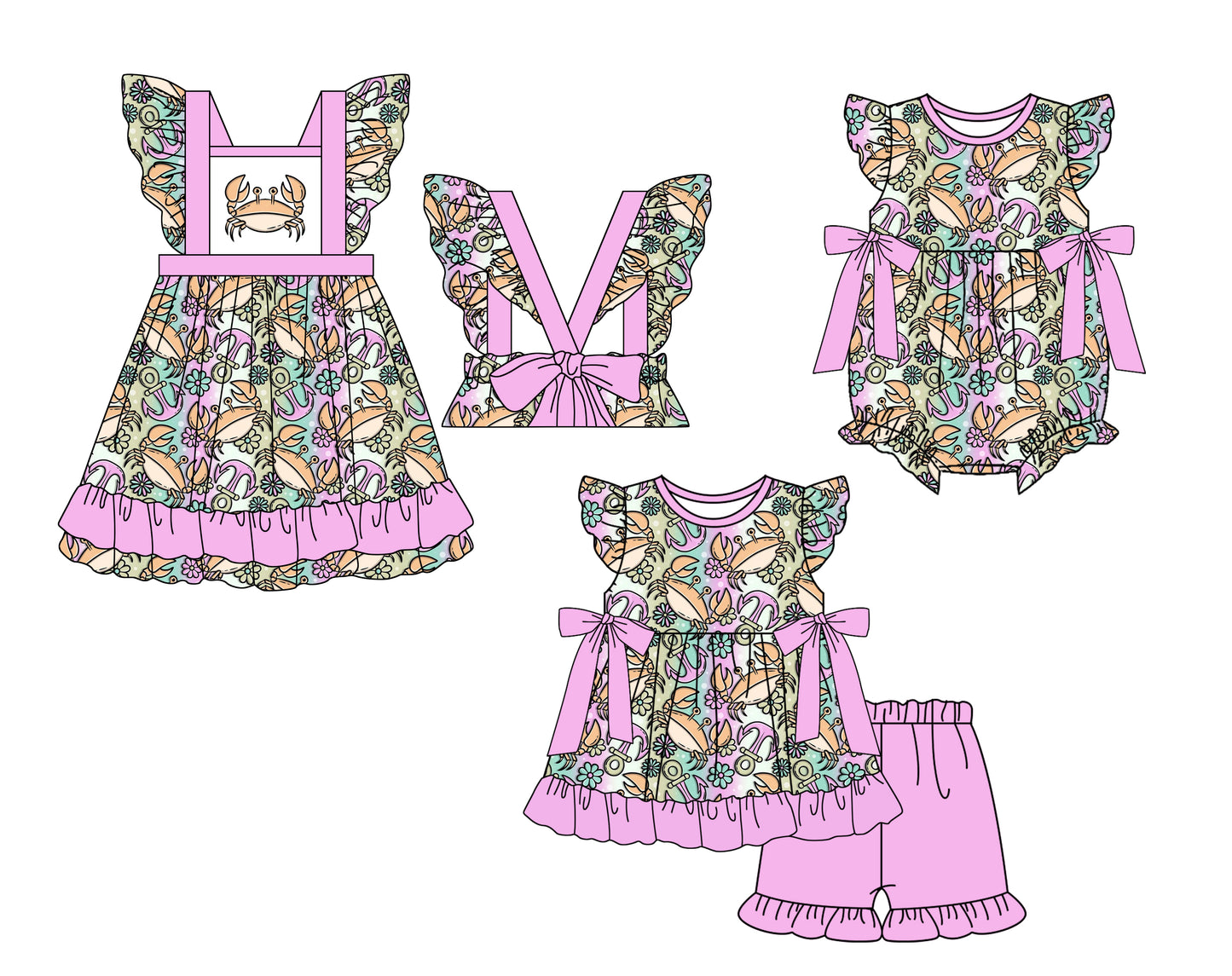 11.27 custom each style moq 5eta 4-6week Sibling Sister crab baby girl short sleeve shorts sets and dress and rompers match family design