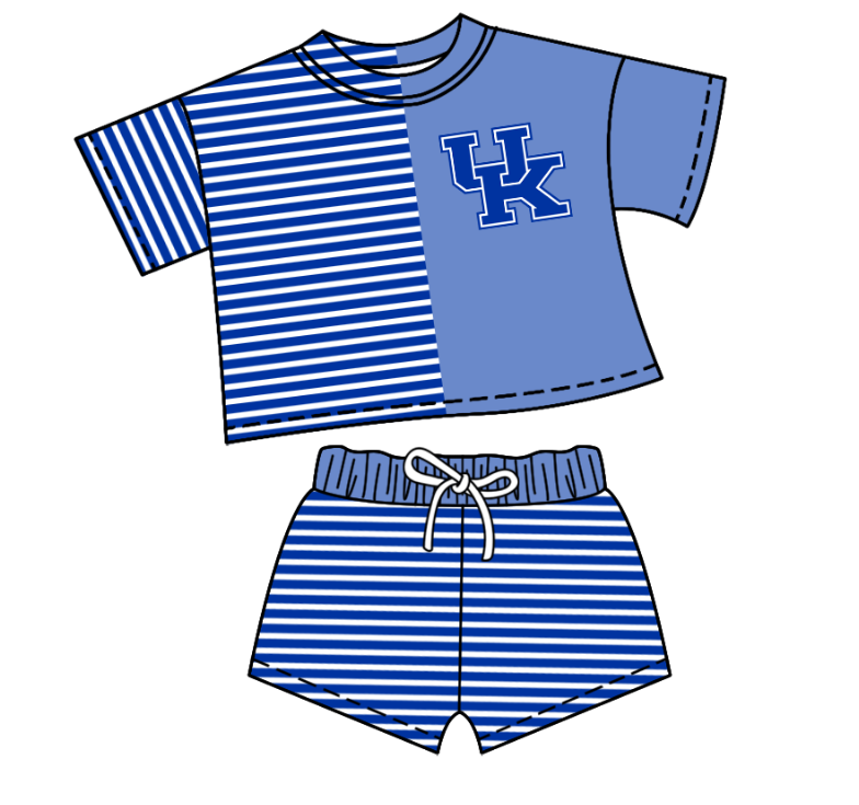 Custom moq 5 mix size milk silk summer teams Children's blue Striped Outfit Set Short-Sleeved Crew Neck Top And Drawstring Shorts for Kids