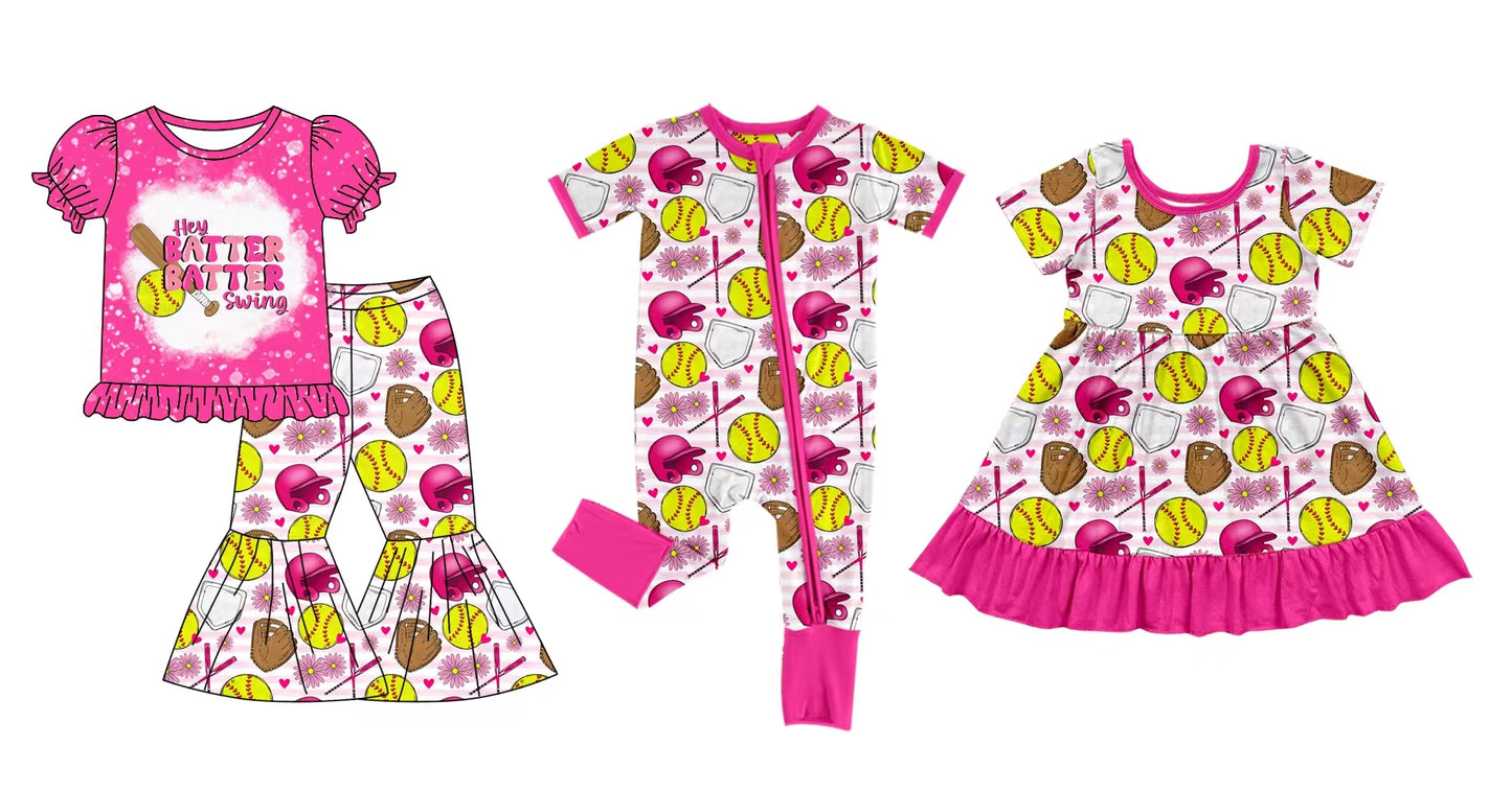 12.5 custom each style moq 5eta 4-6week Sibling Sister BATTER baseball pink baby girl sets and dress and rompers match family design