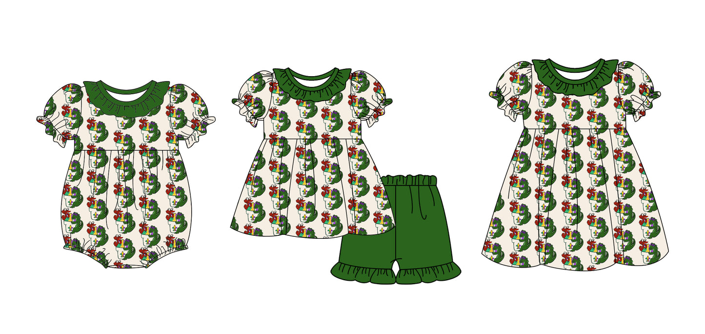 12.7 custom each style moq 5eta 4-6week Sibling Sister MARDI GRAS baby girl short sleeve shorts sets and dress and rompers match family design