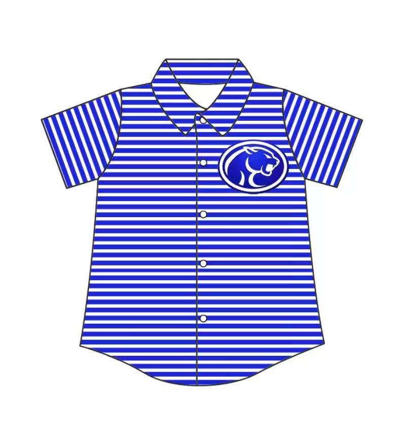 Custom moq 5 mix size milk silk summer teams Baby Boys Summer Blue Stripes Short Sleeve Button Shirts Top