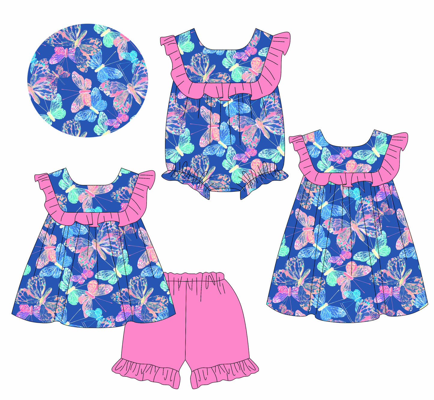 2.18 custom each style moq 5eta 4-6week Sibling Sisters Butterfly baby girl short sleeve shorts sets and dress and rompers match family design