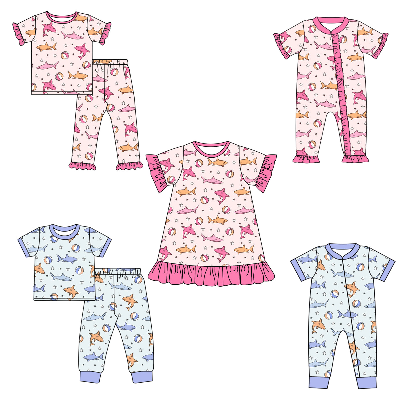 12.2 custom each style moq 5eta 4-6week Sibling Sister fish baby girl sets 1 and sets 2 and dress and boy rompers and girl romper match family design