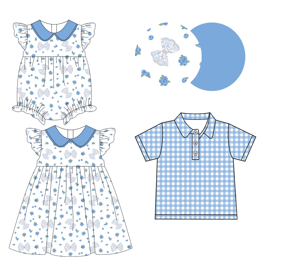 3.2 Custom moq 5 mix size Sibling Baby Boy's Blue Plaid Short-Sleeved Polo Shirt Cute Flutter Sleeve Dress Romper for Summer