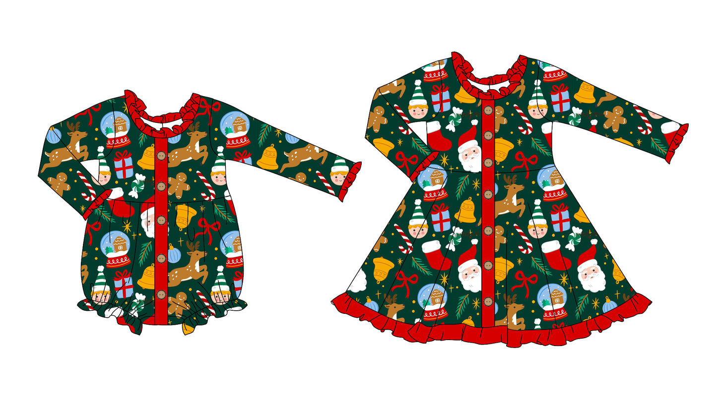 25.6.9 custom each style moq 5eta 4-6week Sibling Sisters Christmas green baby girl long sleeve dress and rompers match family design