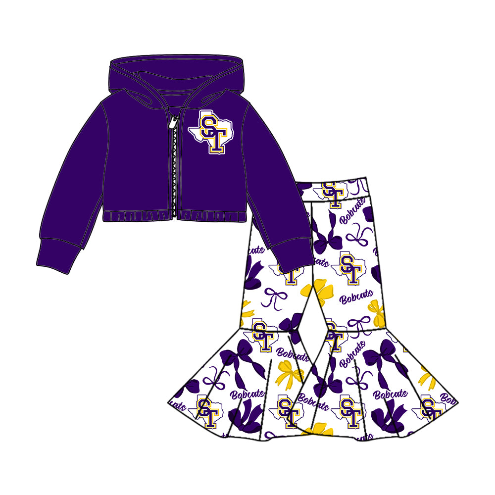 Custom moq 5 mix size milk silk summer teams baby girls clothes bow purple short sleeve pants sets and hooded long sleeve pants sets-25.7.23