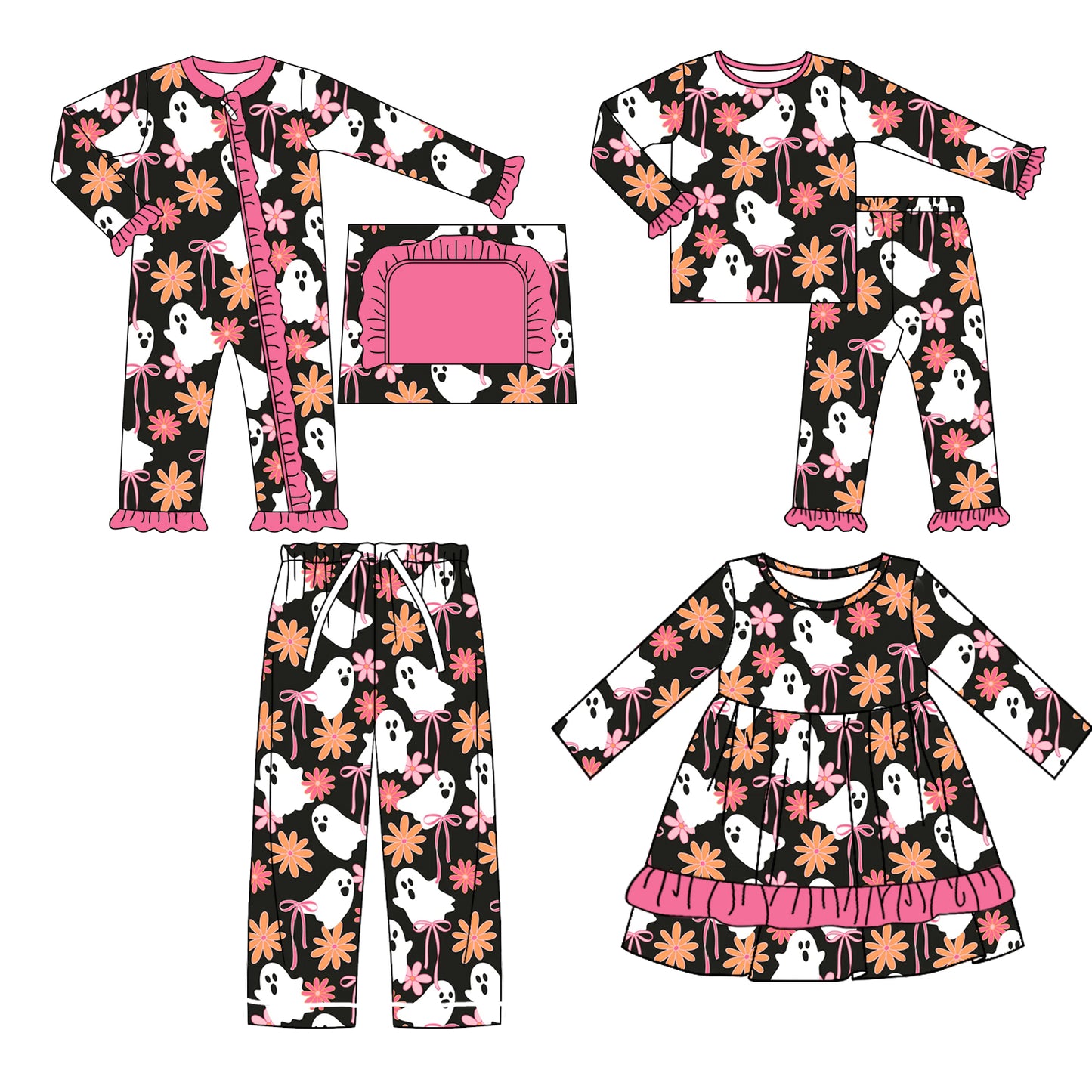 25.5.12 custom each style moq 5eta 4-6week Sibling Sisters ghost bow baby girl long sleeve pants sets and romper and dress and adult pants match family design