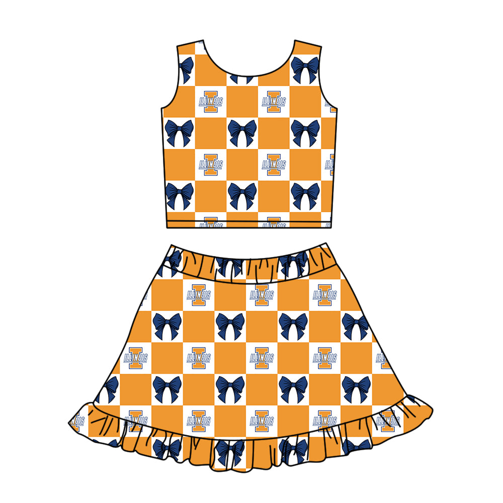 Custom moq 3 or 5 mix size milk silk summer teams baby girl clothes bow orange sleeveless skirts sets-26.1.20