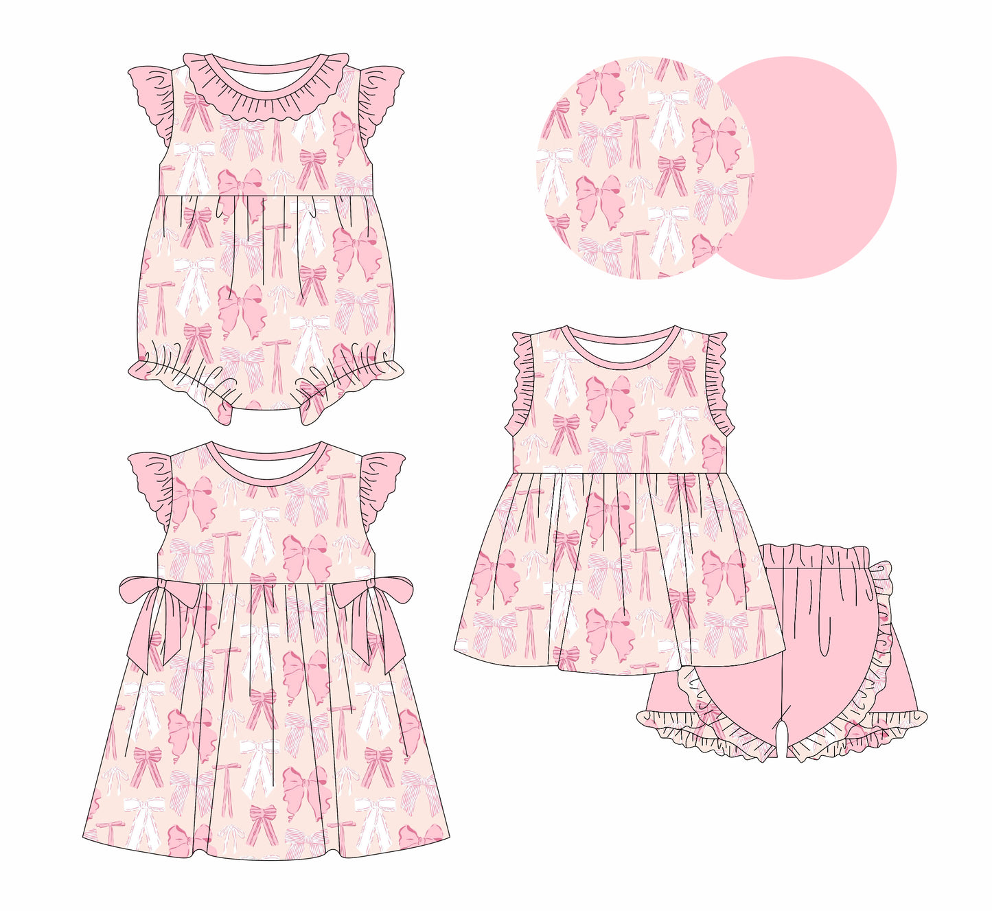 25.12.5 custom each style moq 5 eta 6-8week Sibling Sister bow baby short sleeve shorts sets and romper and dress match design