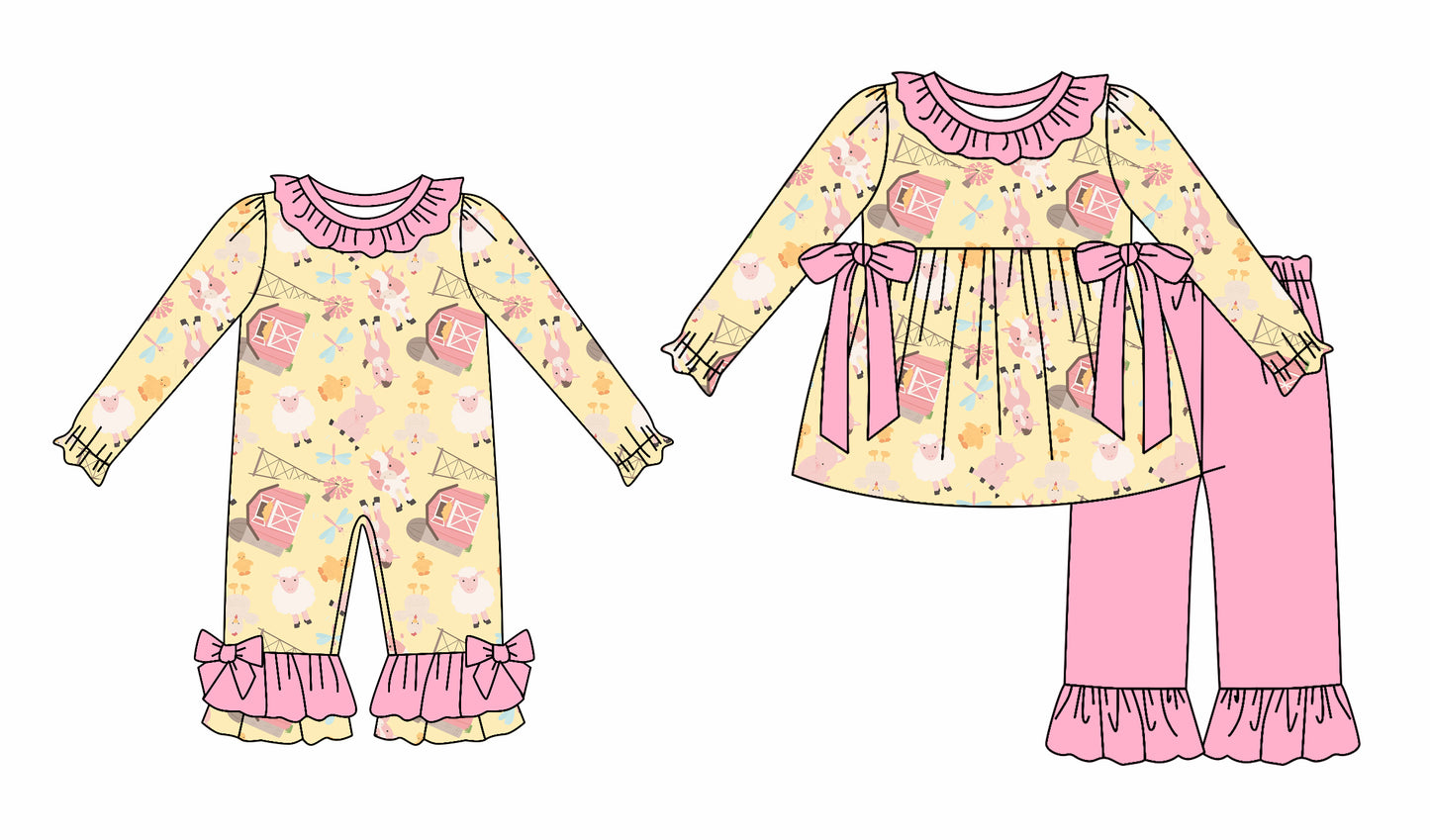 25.6.25 custom each style moq 5eta 4-6week Sibling Sisters farm baby girl long sleeve pants sets and rompers match family design